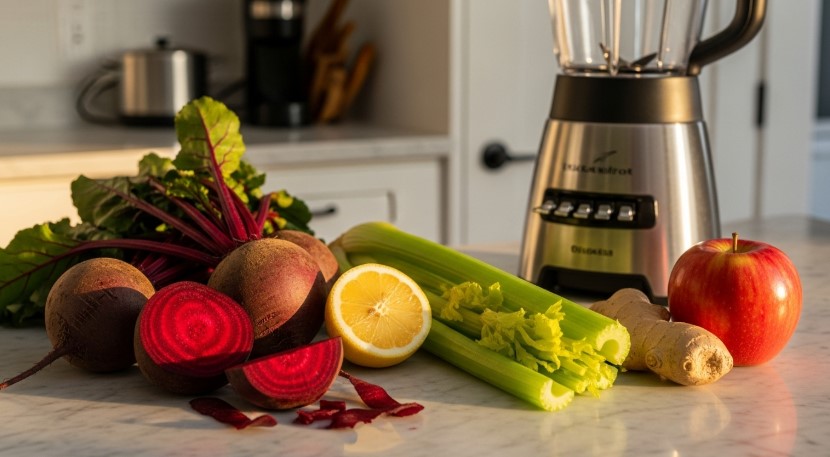 Fresh ingredients for chukandar juice recipe on rustic kitchen counter
