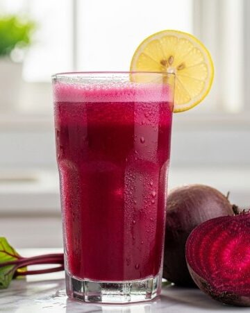 Refreshing glass of chukandar juice with lemon wedge