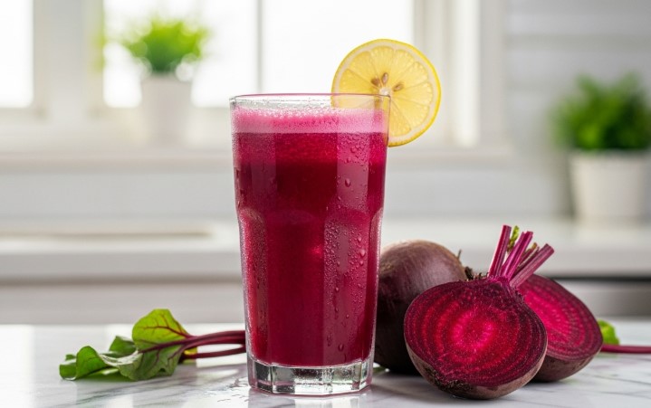 Refreshing glass of chukandar juice with lemon wedge