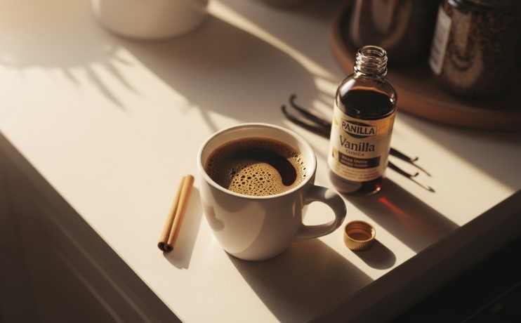 Warm morning coffee with cinnamon and vanilla