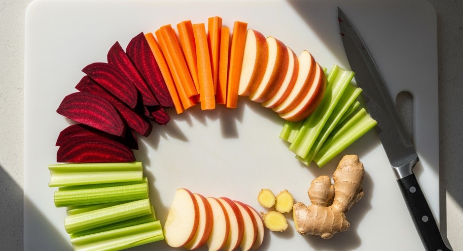 Raw ingredients for simple beetroot juice recipe sliced on cutting board