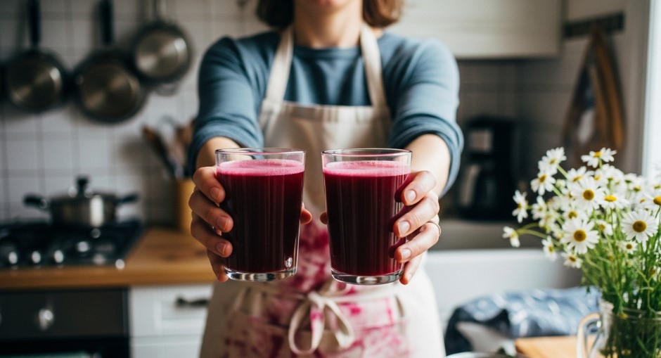 Emilia holding glasses of beetroot juice in cozy kitchen
