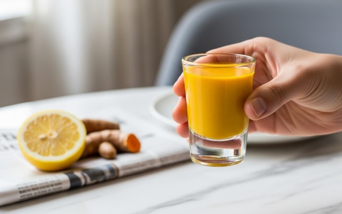 turmeric wellness shot in hand at breakfast table
