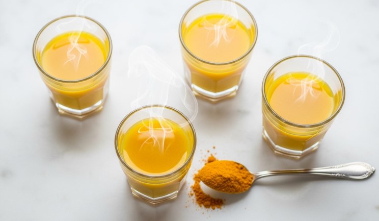 steaming turmeric shots with ground turmeric on marble counter