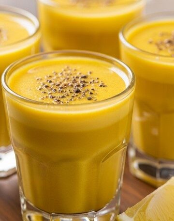turmeric shots close-up on wooden tray with lemon