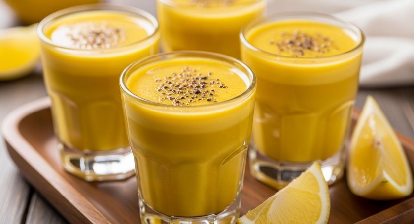 turmeric shots close-up on wooden tray with lemon