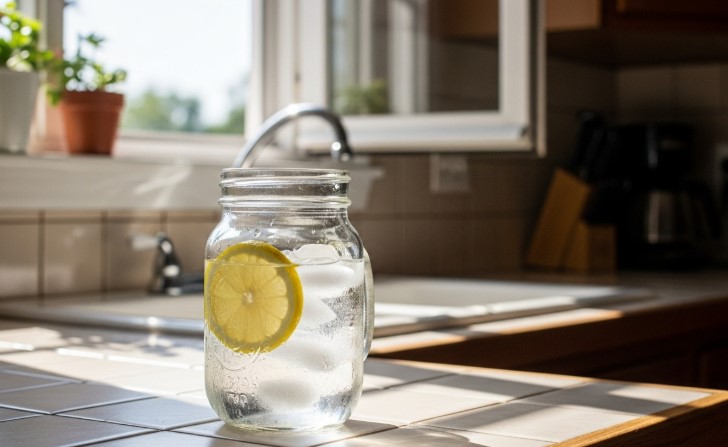 glass of ice water with lemon in a sunlit kitchen for 7 second ice water hack recipe