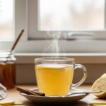 steaming lemon ginger cinnamon tea with lemon, ginger, and honey on rustic counter