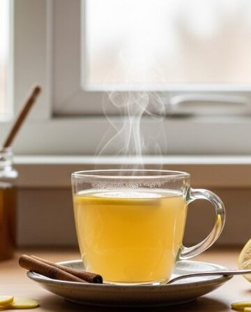 steaming lemon ginger cinnamon tea with lemon, ginger, and honey on rustic counter