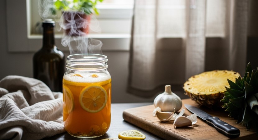 Homemade Amish amoxicillin soup remedy with lemon, ginger, and garlic