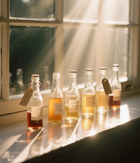 homemade herb cordial bottles in sunlight