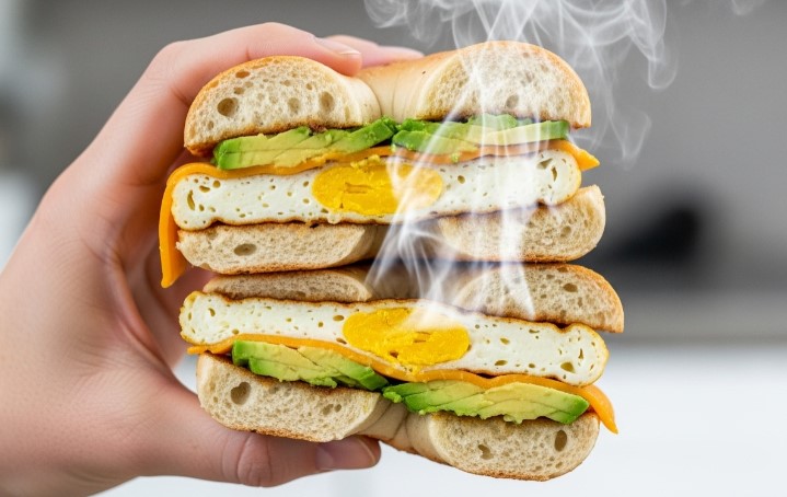 High protein bagel sandwich with egg and avocado