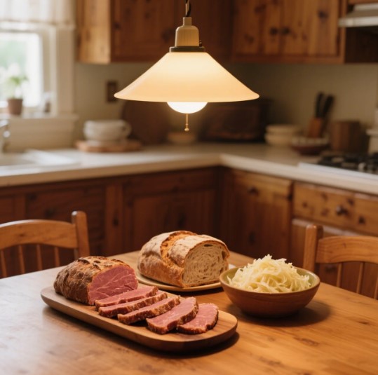 sliced corned beef with rye bread and sauerkraut