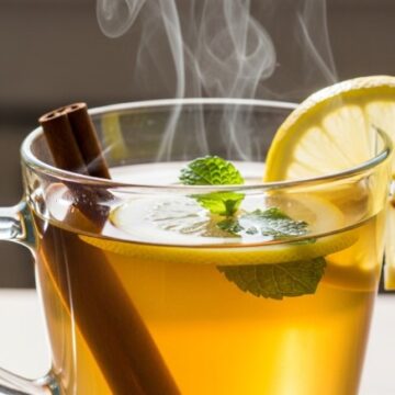 Steaming Costa Rican tea in mug with cinnamon and mint