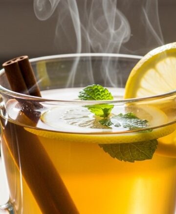 Steaming Costa Rican tea in mug with cinnamon and mint