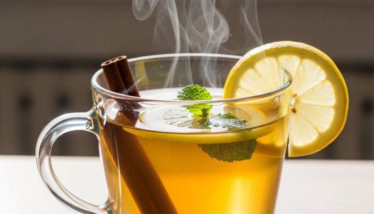 Steaming Costa Rican tea in mug with cinnamon and mint
