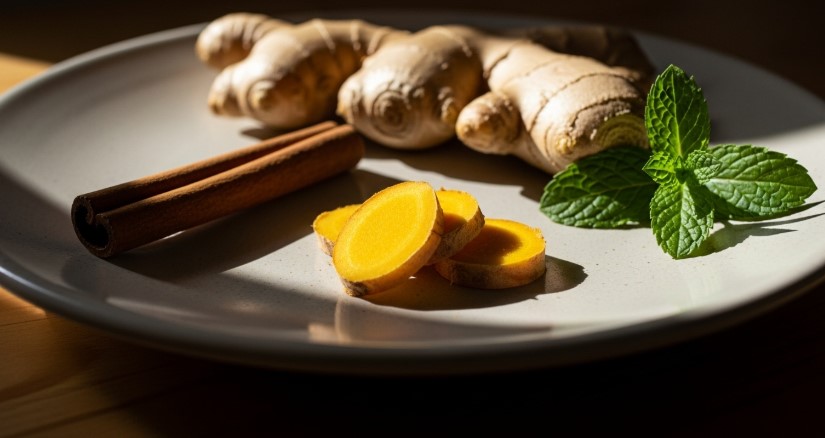 Tea ingredients on plate: ginger, turmeric, cinnamon