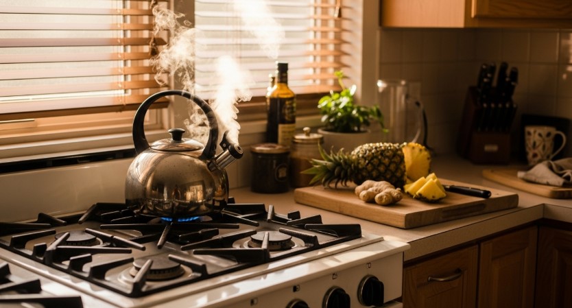 Costa Rican tea brewing on stove with ginger and pineapple