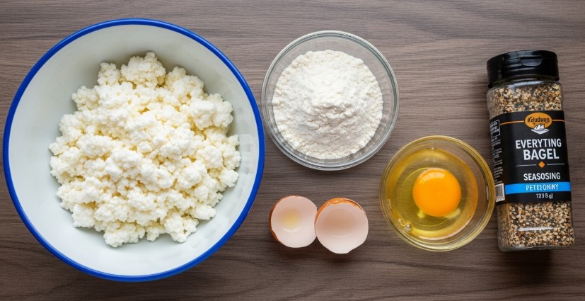 Ingredients for cottage cheese bagel recipe on wooden counter