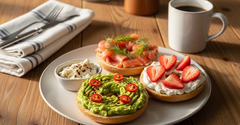 Assorted cottage cheese bagel toppings on a breakfast table