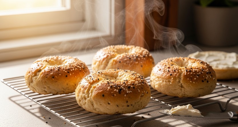 Cottage cheese bagels cooling on a rack in a sunny kitchen