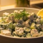 creamy cucumber chicken salad served in a bowl