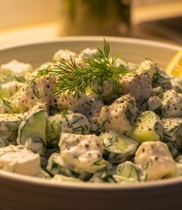 creamy cucumber chicken salad served in a bowl