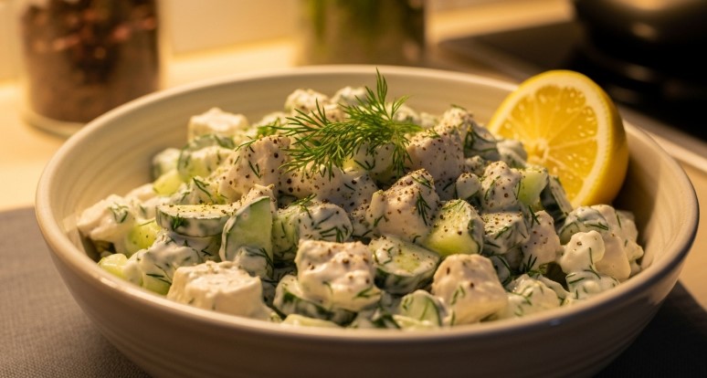creamy cucumber chicken salad served in a bowl