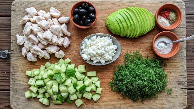 ingredients for high protein cucumber salad on cutting board