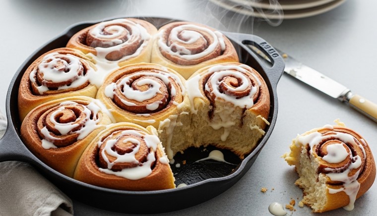 finished sourdough discard cinnamon rolls in cast iron pan