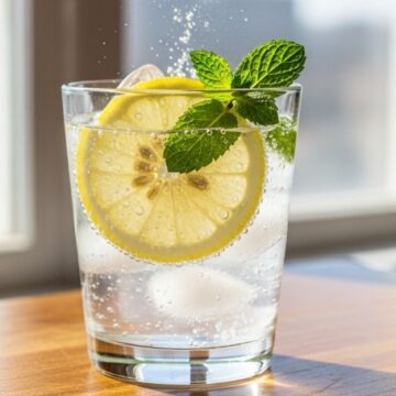 glass of ice water hack drink with lemon