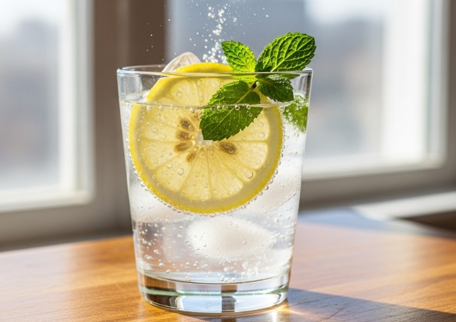 glass of ice water hack drink with lemon