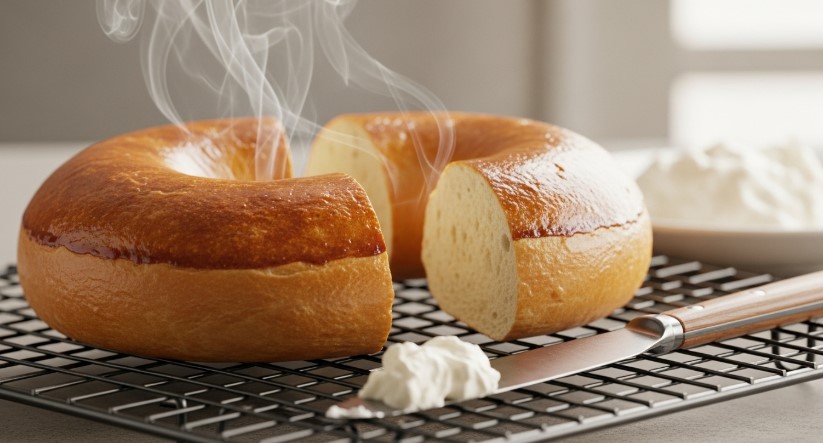 Warm protein bagel sliced open with steam and cream cheese