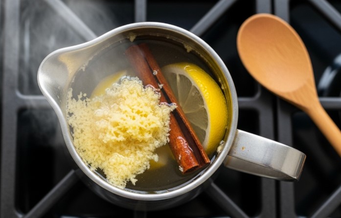 simmering ginger lemon cinnamon tea in saucepan