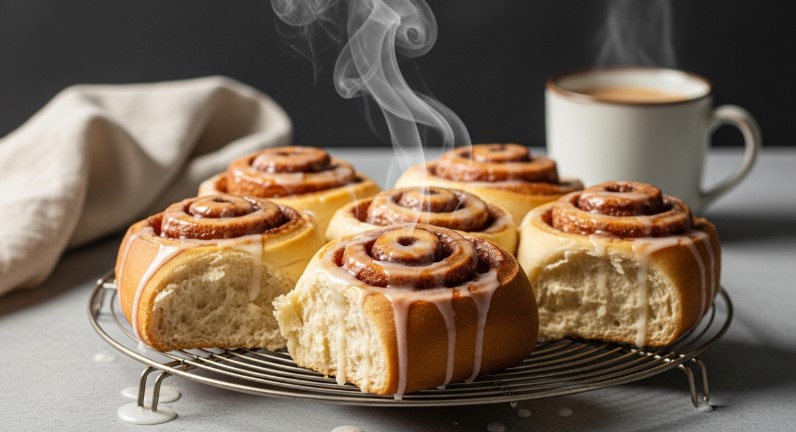 freshly baked sourdough cinnamon rolls with cream cheese glaze