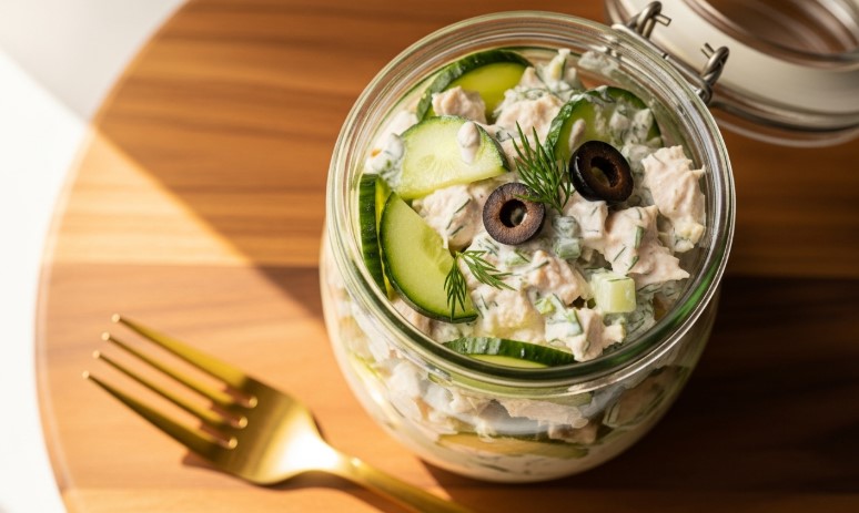 jarred high protein cucumber chicken salad with herbs and olives