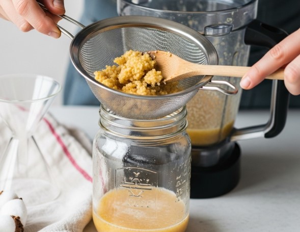 Straining blended amish amoxicillin through sieve