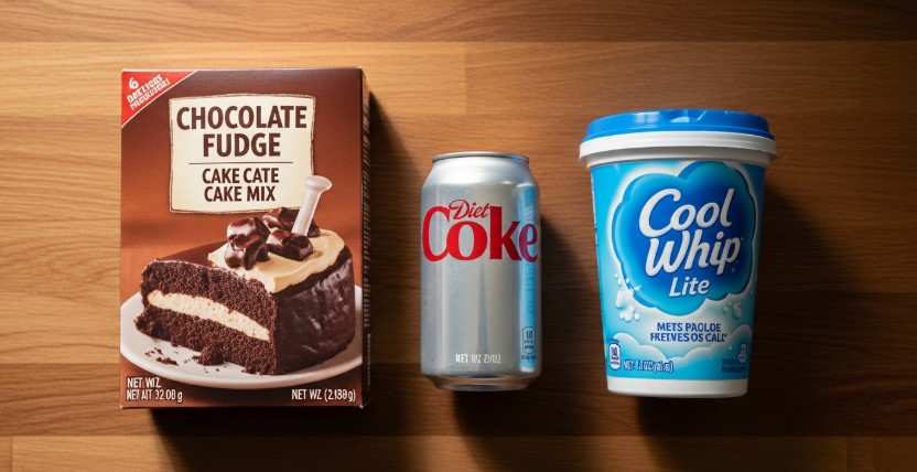 cake mix, Diet Coke, and Cool Whip on counter