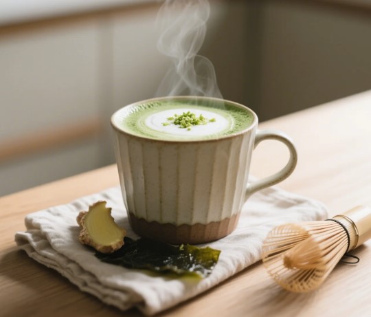 steaming cup of Japanese Mounjaro detox drink with matcha and kombu