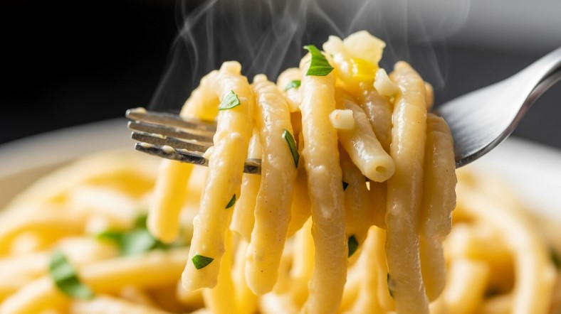 forkful of lemon garlic hummus pasta