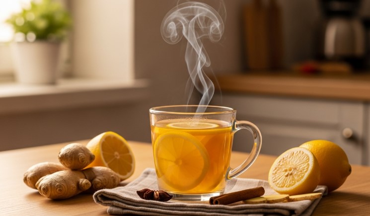lemon ginger cinnamon water in glass mug with fresh ingredients