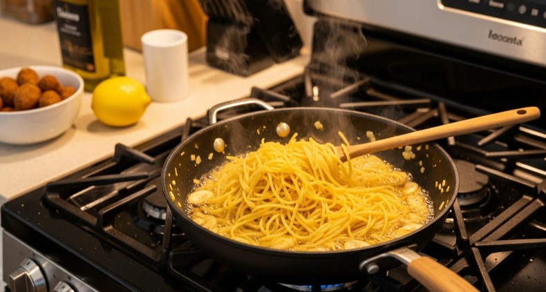 lemon hummus pasta sauce simmering with garlic and shallots