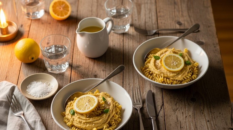 lemony hummus pasta served for dinner on a wooden table