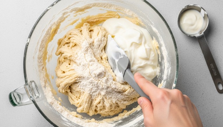 Protein bagel dough mid-mix in a bowl with spatula and flour