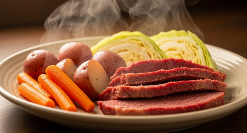 plated crock pot corned beef and cabbage recipe