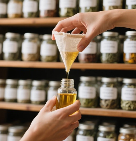 pouring herbal cordial into glass bottle