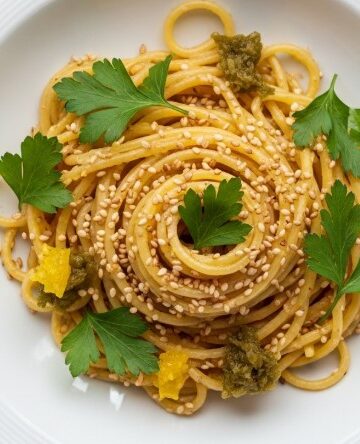 preserved lemon hummus pasta served in bowl with herbs