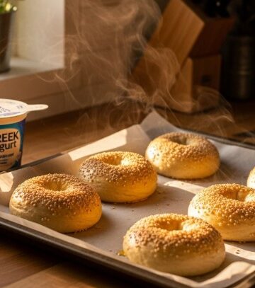 Freshly baked protein bagels on parchment with golden crust and sesame seeds