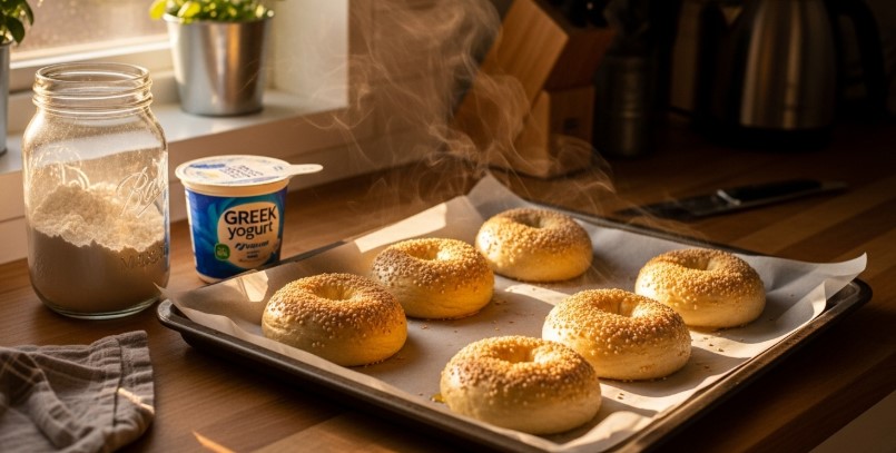 Freshly baked protein bagels on parchment with golden crust and sesame seeds