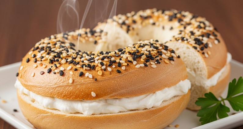 Fresh cottage cheese bagel with cream cheese